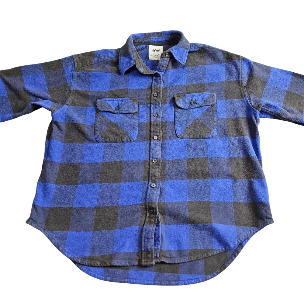 Aerie Flannel Shirt Size S Blue Black Plaid Button Front Brushed Cotton Casual